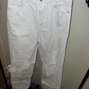 White Zara Ripped Straight Leg Jeans